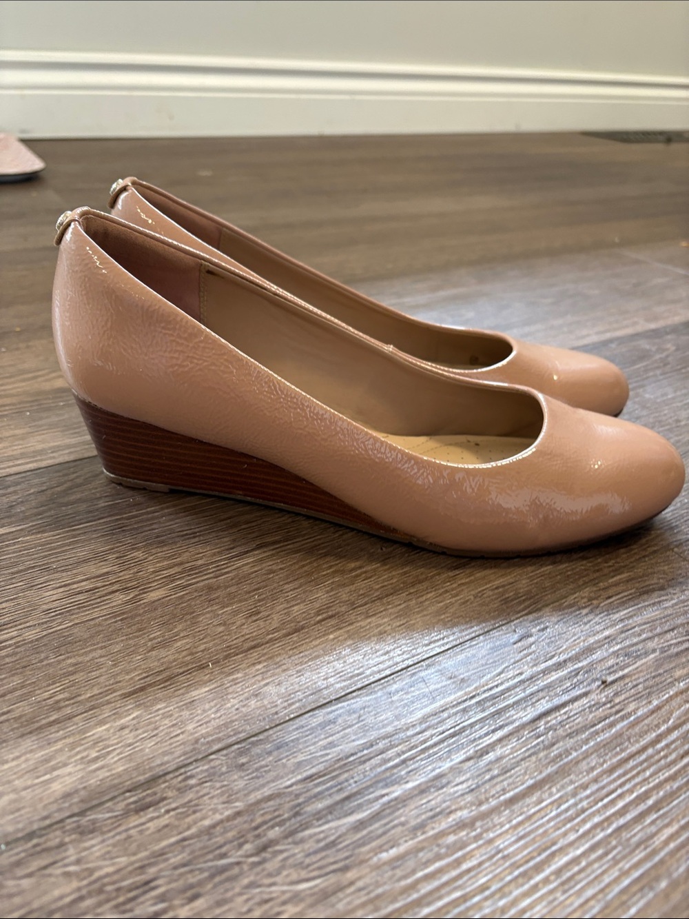 Clarks Patent Nude Pink Wedge Pumps